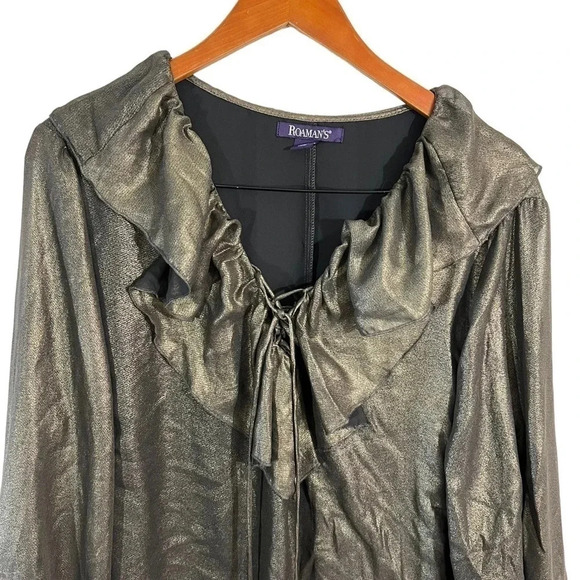 Roamans Metallic Gold Blouse 24W Ruffled Draped Collar Long Sleeves Formal Top - Picture 3 of 7